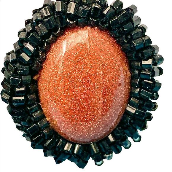 Hand beaded goldstone black glass bugle bead earrings pierced artist made - Picture 9 of 13